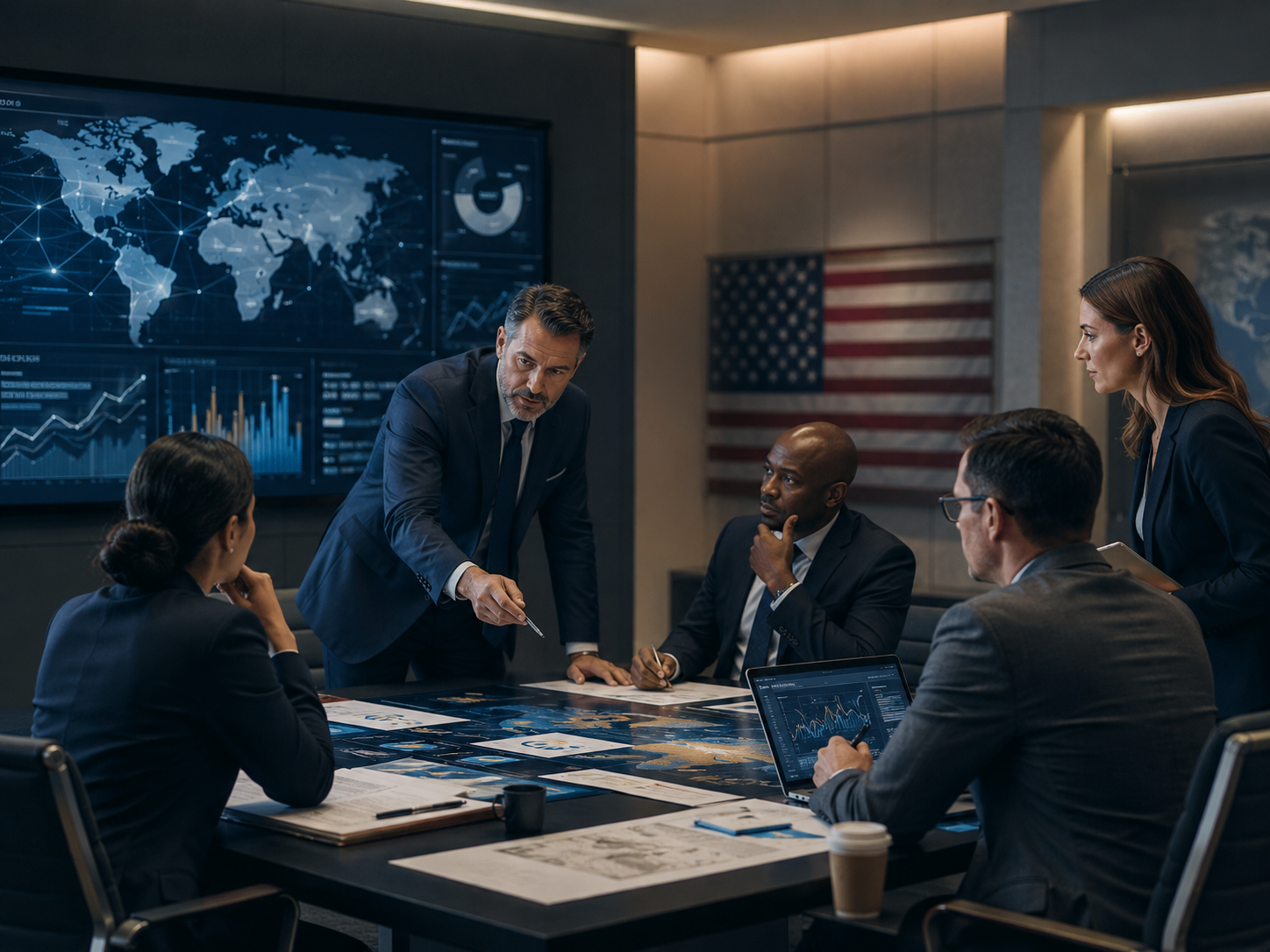 Strategic decision briefing inside a U.S. mission operations room