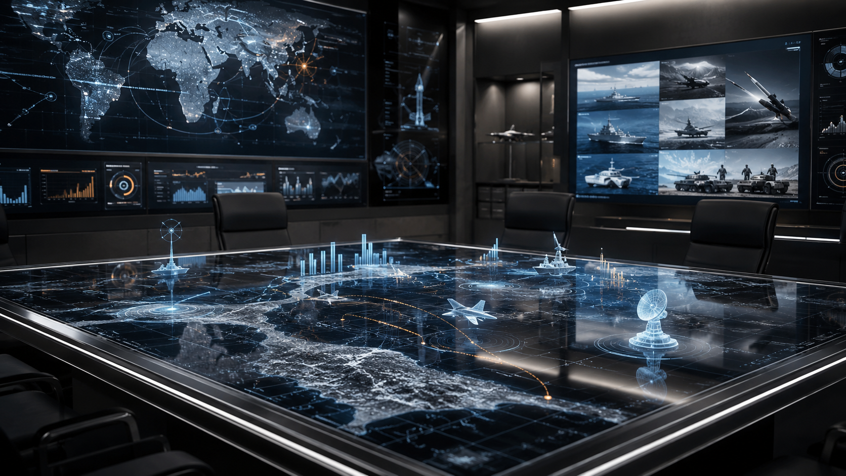 High-tech command-and-control decision room with global mission displays and a holographic planning table