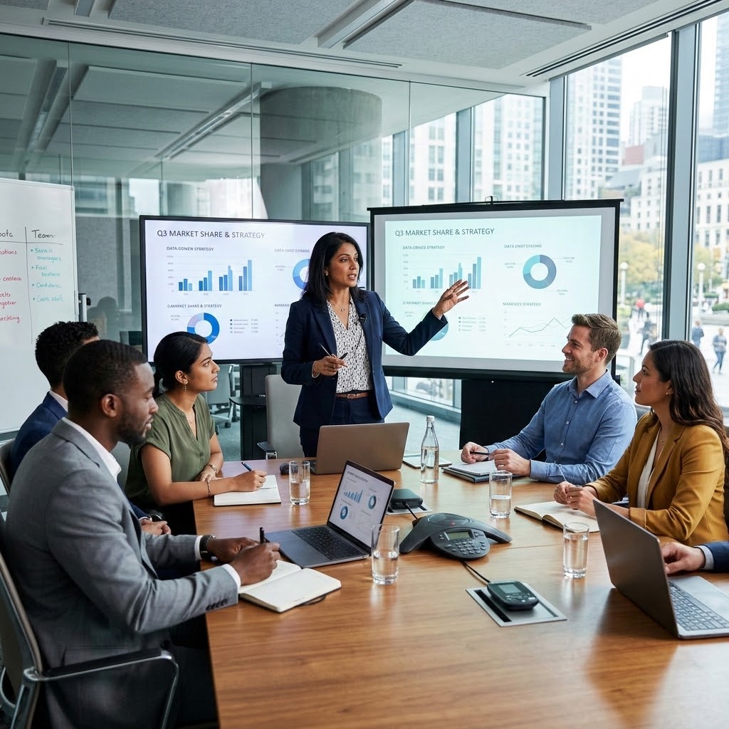 Executive team reviewing strategy, market share, and decision-support analysis in a boardroom