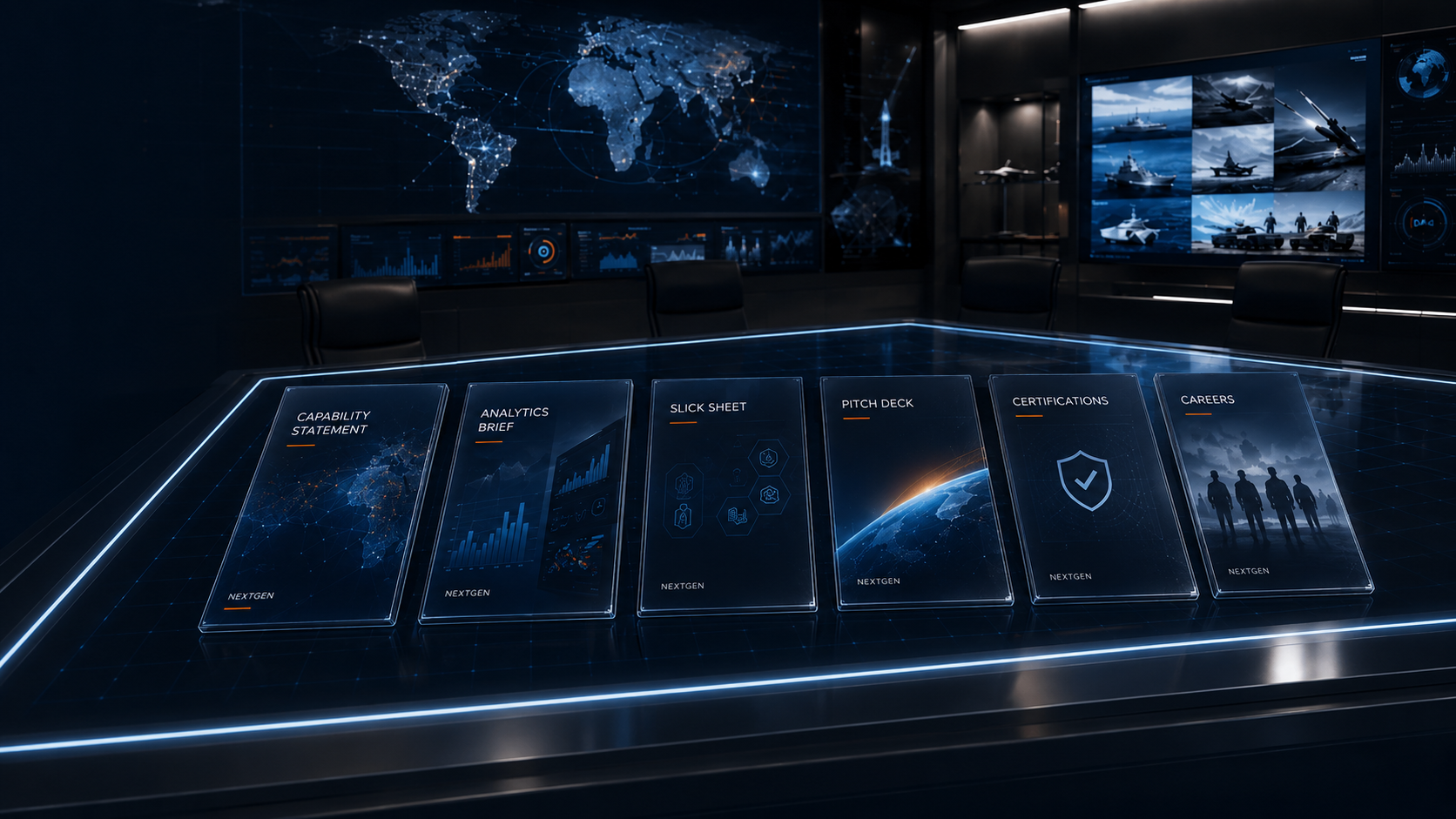 NEXTGEN buyer materials and resources displayed on a command-center table